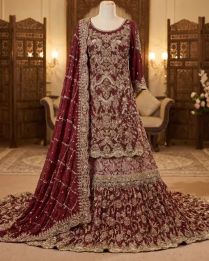 Elite Maroon Golden Anarkali Bridal Farshi Lehenga Shirt