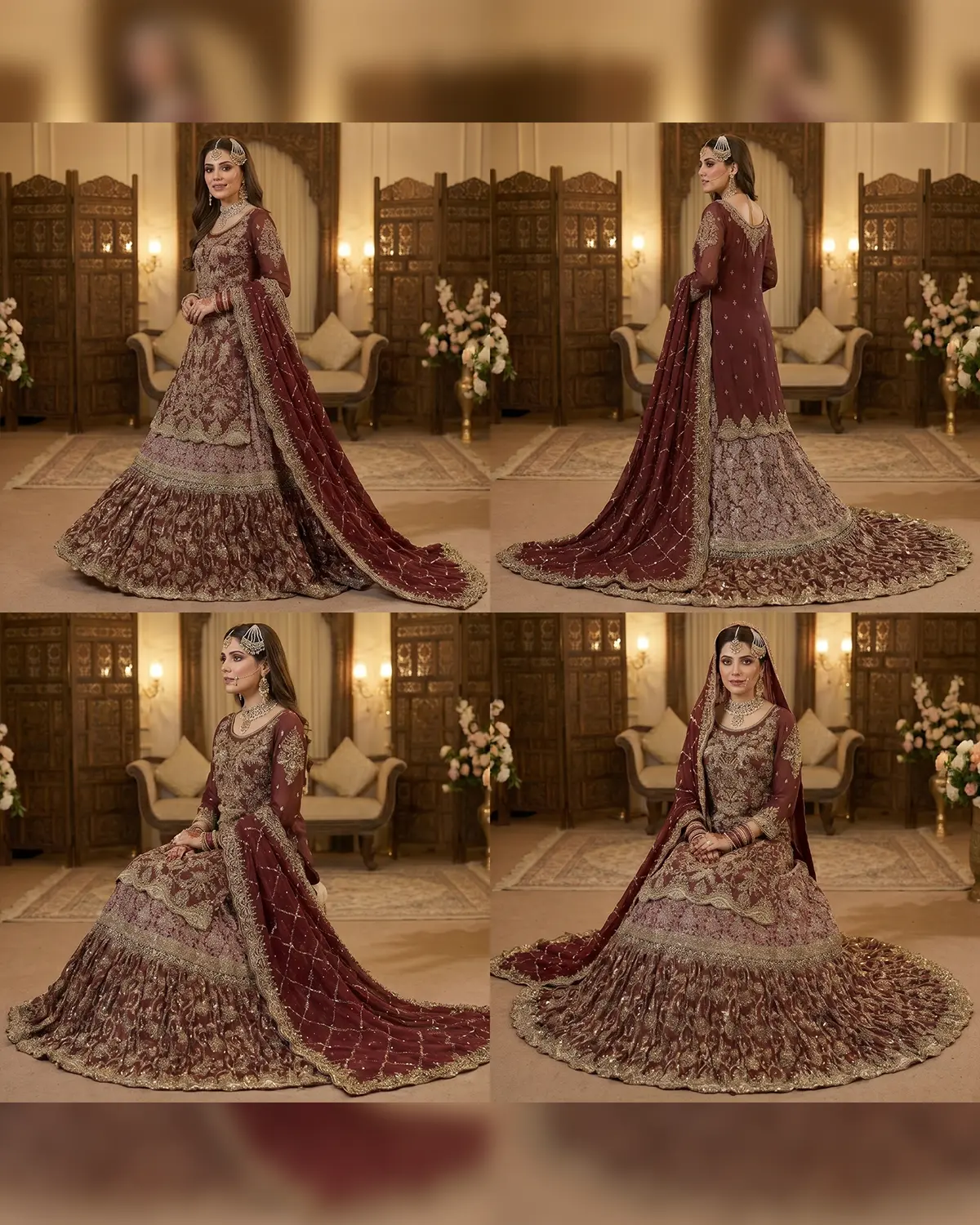 Elite Maroon Golden Anarkali Bridal Farshi Lehenga Shirt - Image 4