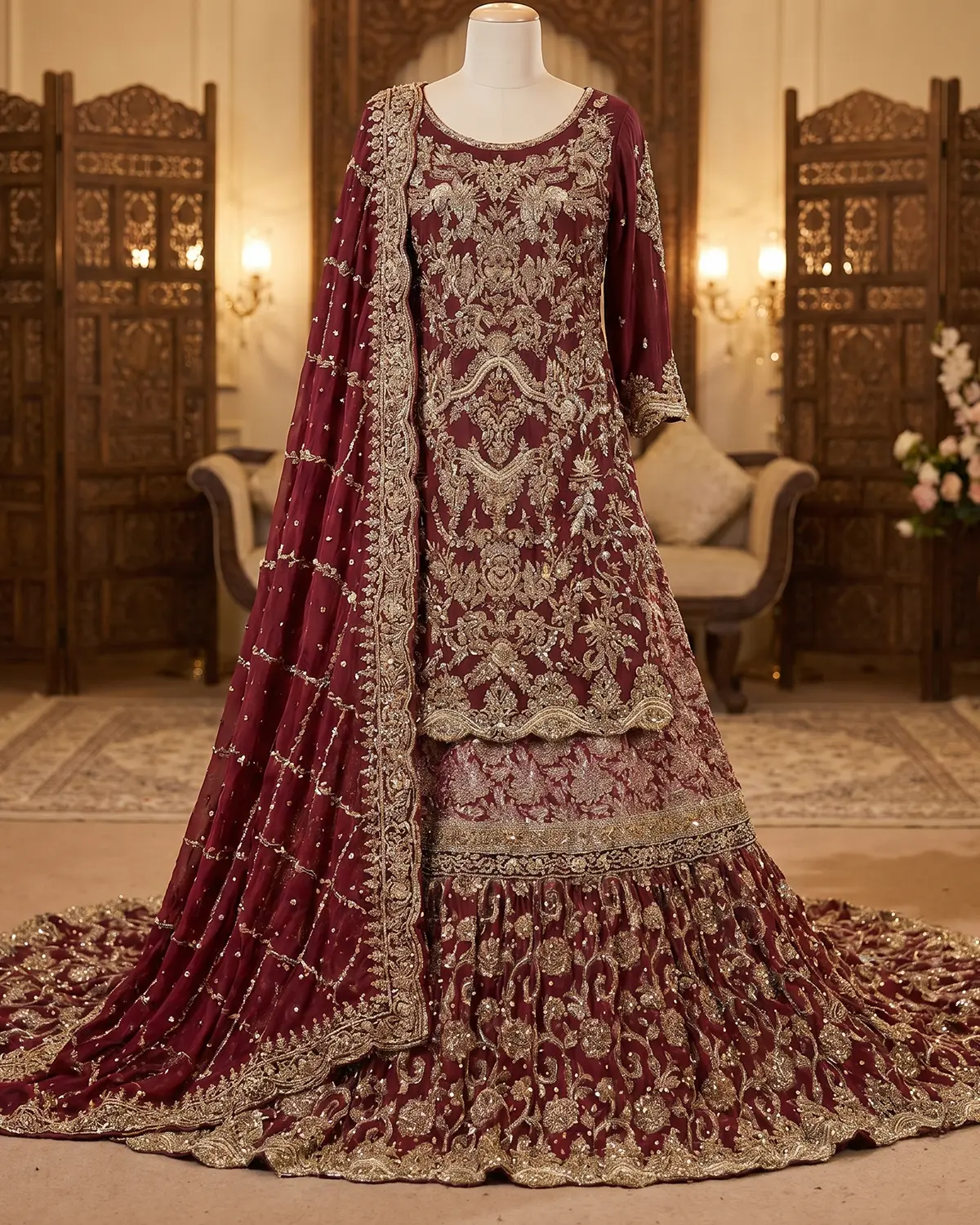 Elite Maroon Golden Anarkali Bridal Farshi Lehenga Shirt