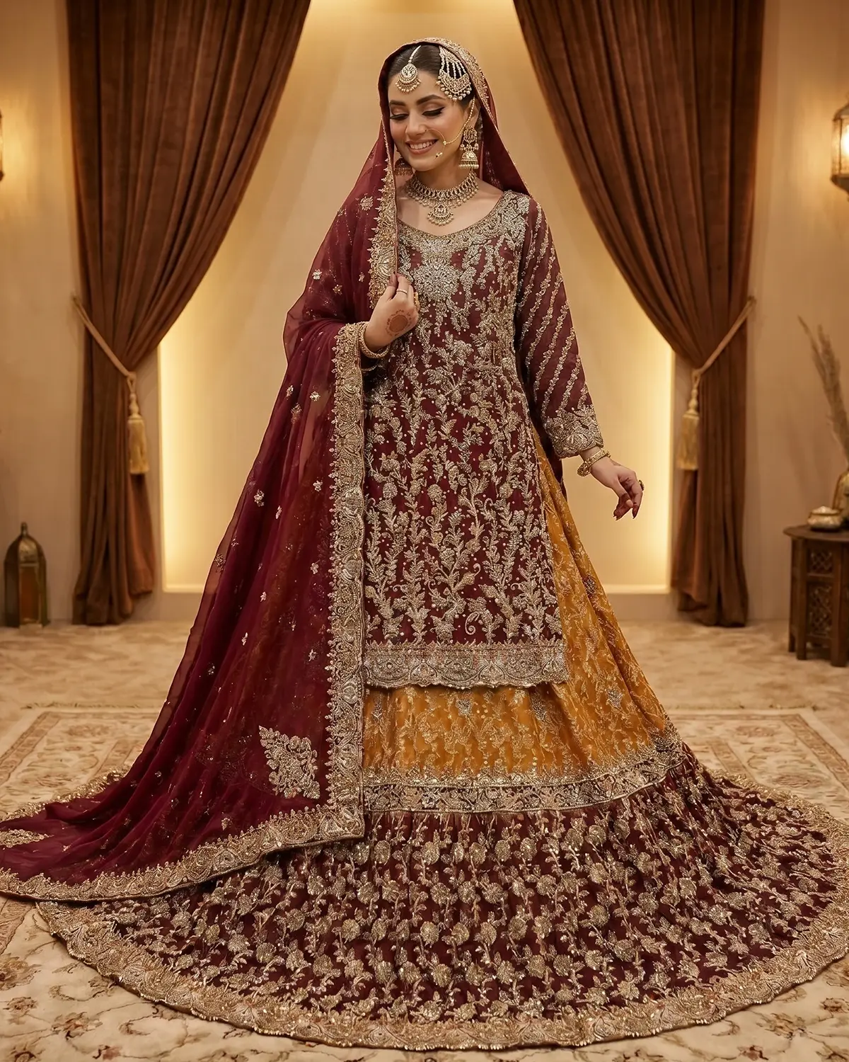 Elite Maroon Heritage Bridal Farshi Lehenga Shirt - Image 2