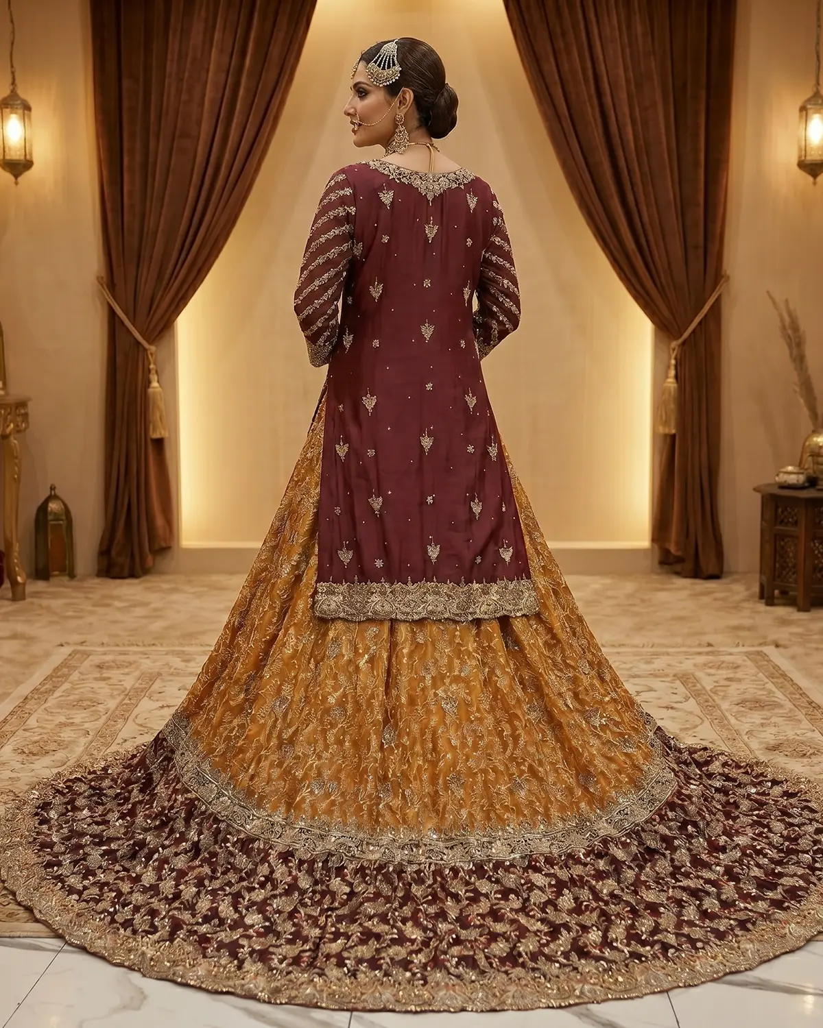 Elite Maroon Heritage Bridal Farshi Lehenga Shirt - Image 3