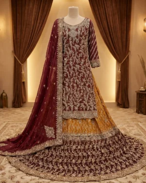 Elite Maroon Heritage Bridal Farshi Lehenga Shirt