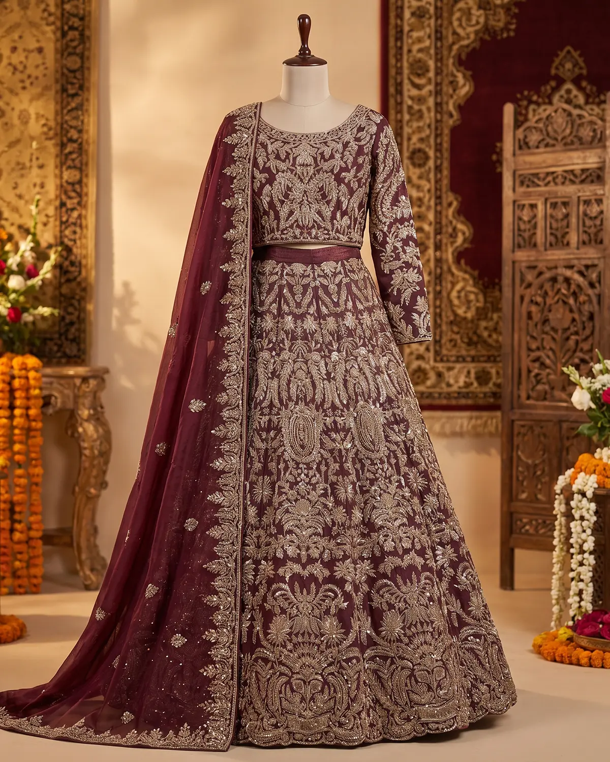 Luxury Gold Maroon Noorani Regal Bridal Lehenga