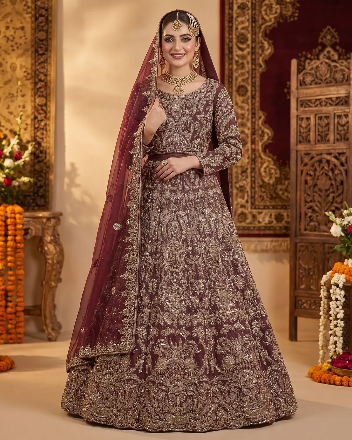 Luxury Gold Maroon Noorani Regal Bridal Lehenga - Image 2