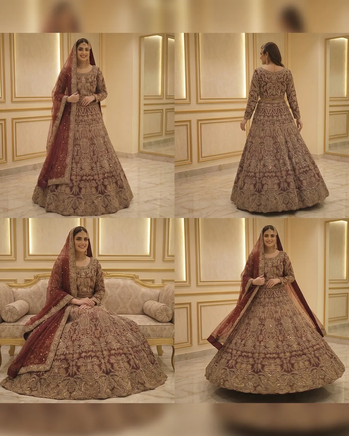 Luxury Gold Maroon Noorani Regal Bridal Lehenga - Image 4