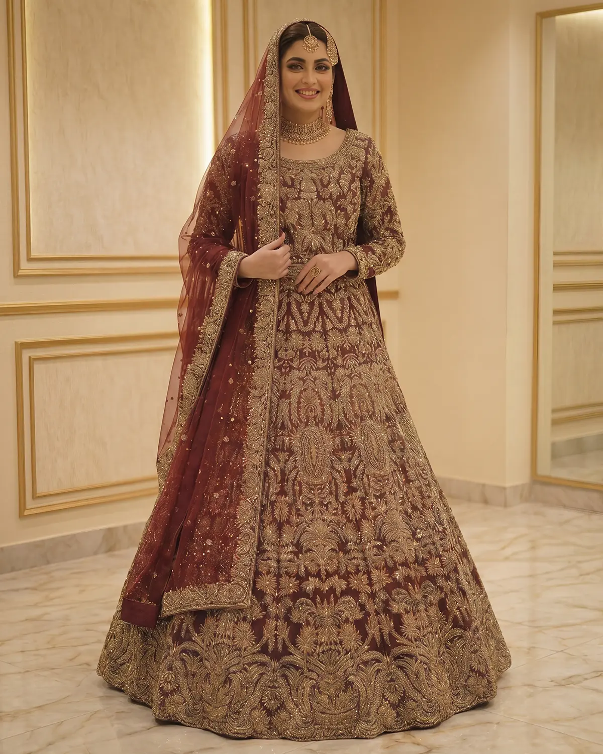 Luxury Gold Maroon Noorani Regal Bridal Lehenga - Image 2