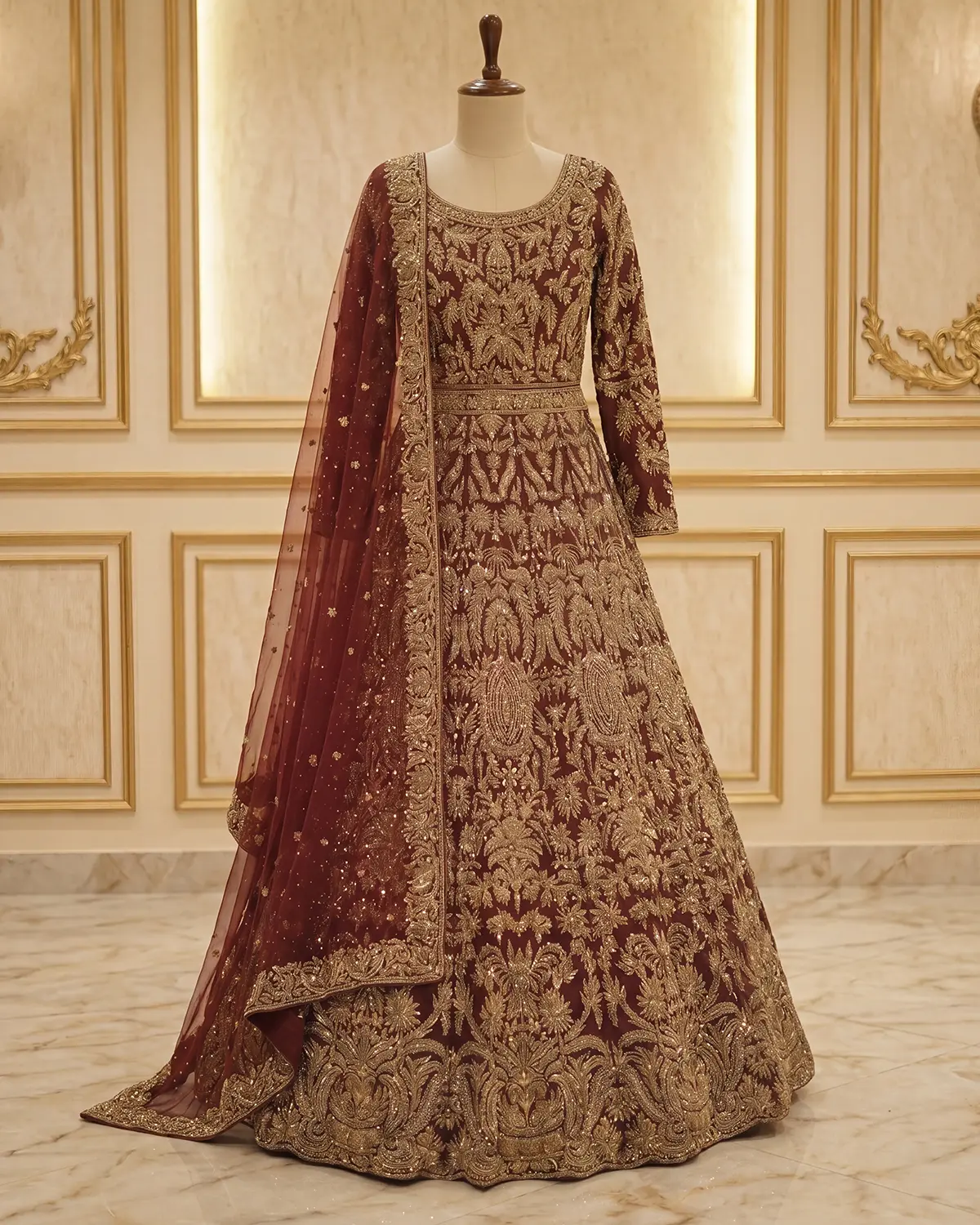 Luxury Gold Maroon Noorani Regal Bridal Lehenga