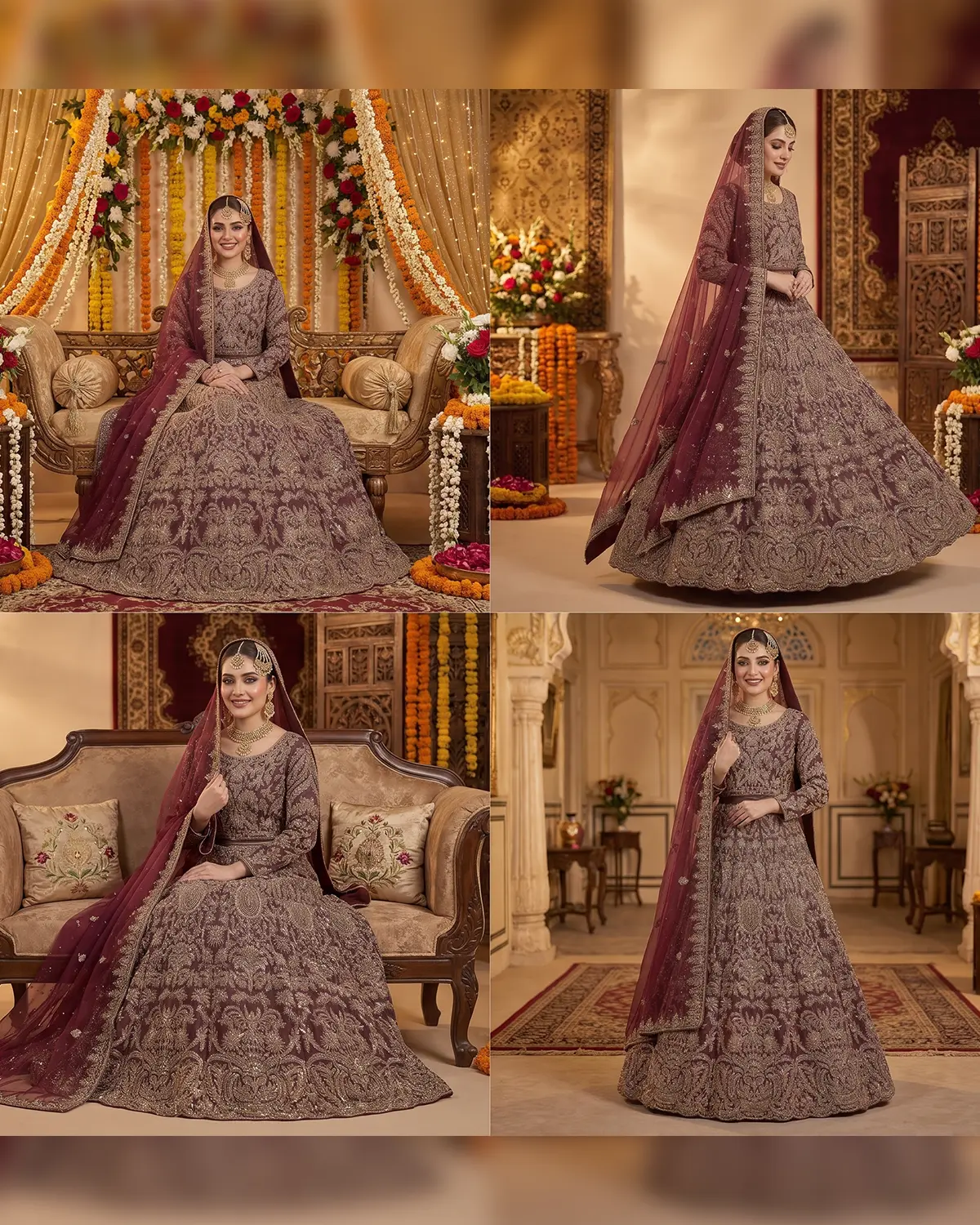 Luxury Gold Maroon Noorani Regal Bridal Lehenga - Image 4