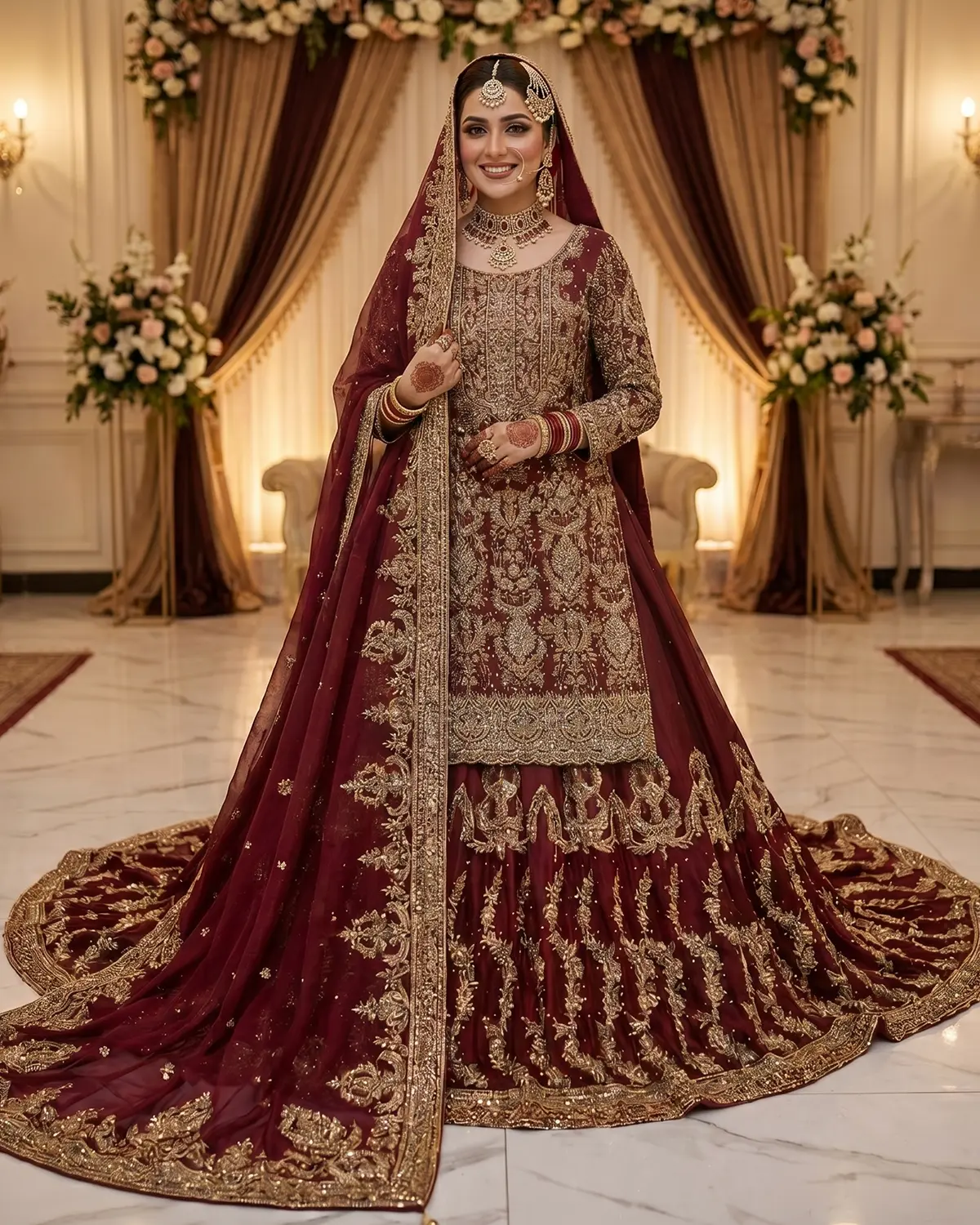 Maroon Golden Embroidery Bridal Farshi lehenga - Image 2