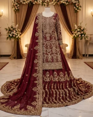 Maroon Golden Embroidery Bridal Farshi lehenga
