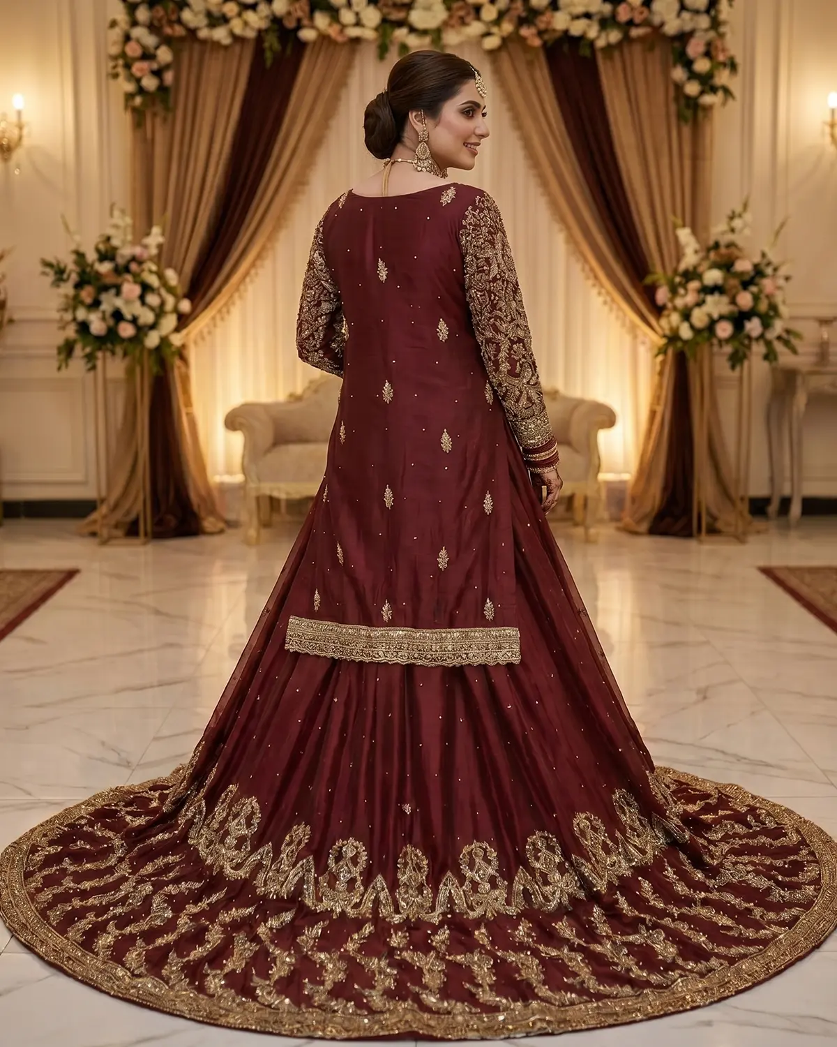 Maroon Golden Embroidery Bridal Farshi lehenga - Image 3