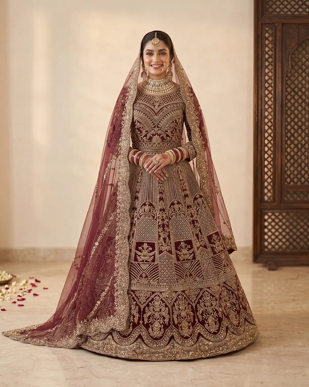 Maroon Heavy Embroidery Bridal Lehenga - Image 2