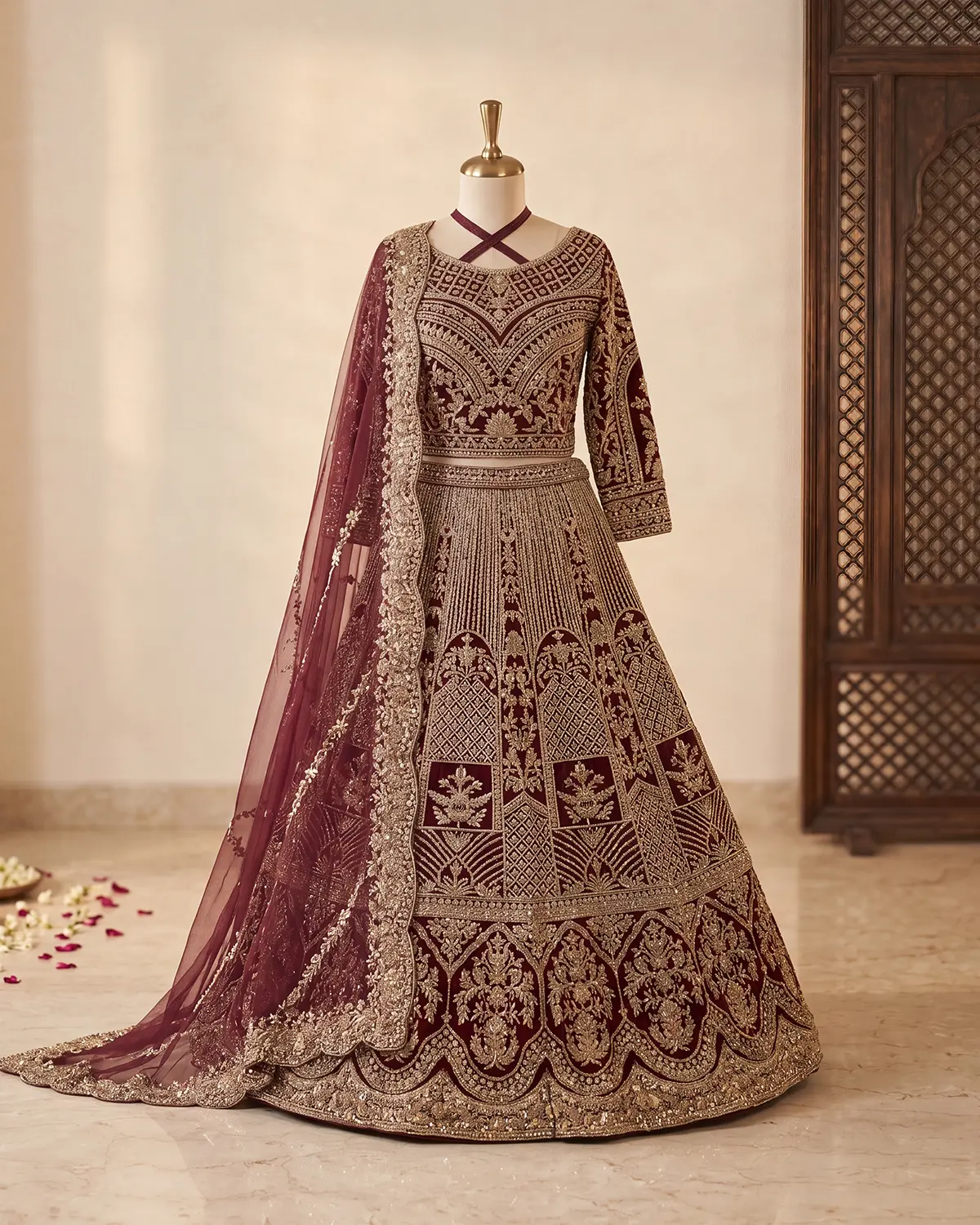 Maroon Heavy Embroidery Bridal Lehenga