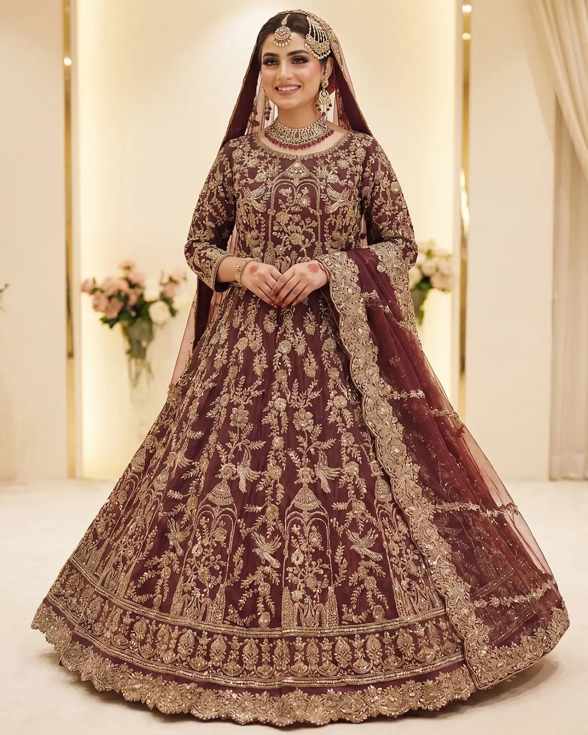 Maroon structured Zari Work Bridal Lehenga - Image 2