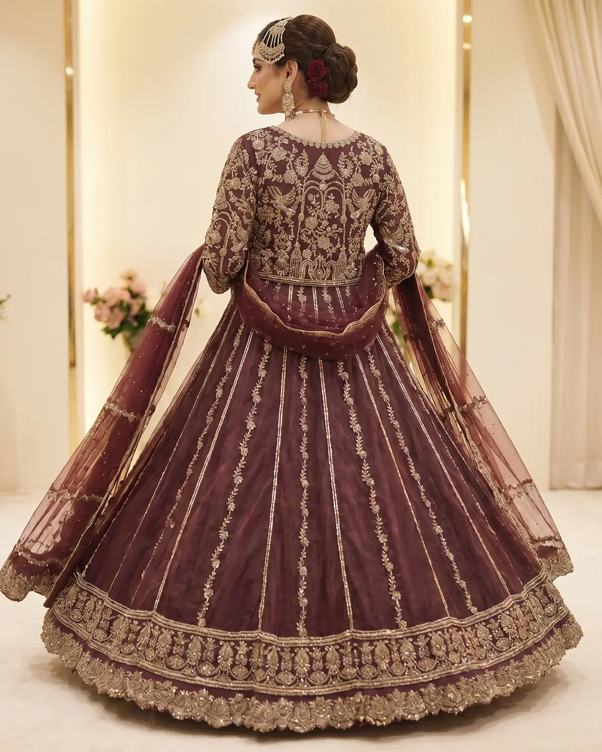 Maroon structured Zari Work Bridal Lehenga - Image 3