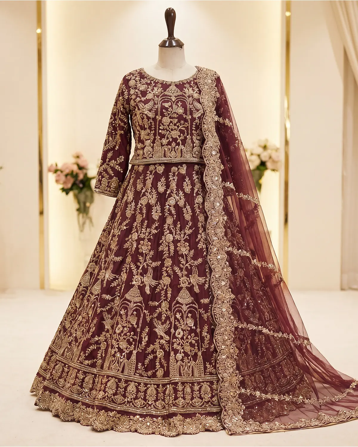 Maroon structured Zari Work Bridal Lehenga