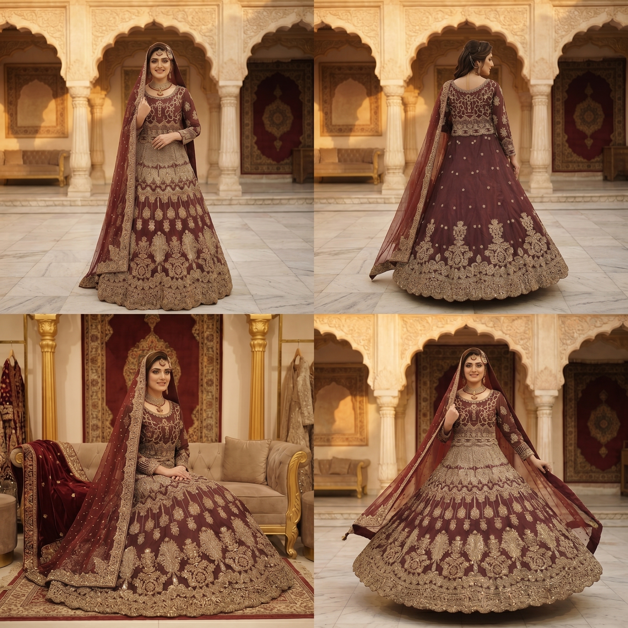 Royal Maroon Gold Abeer Zari Work Bridal Lehenga - Image 4