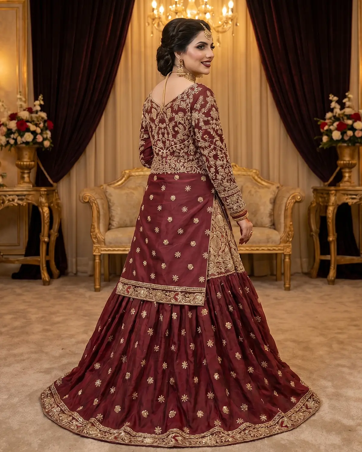Premeium Maroon Luxe Farshi Bridal Lehenga - Image 3