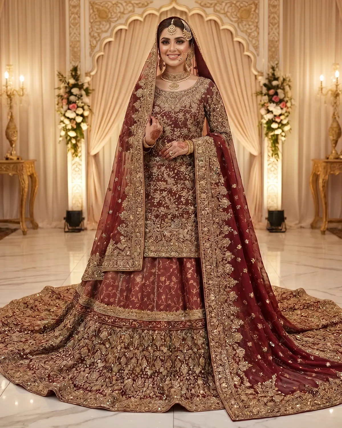 Premeium Tux Maroon Bridal Farshi Lehenga Shirt - Image 2