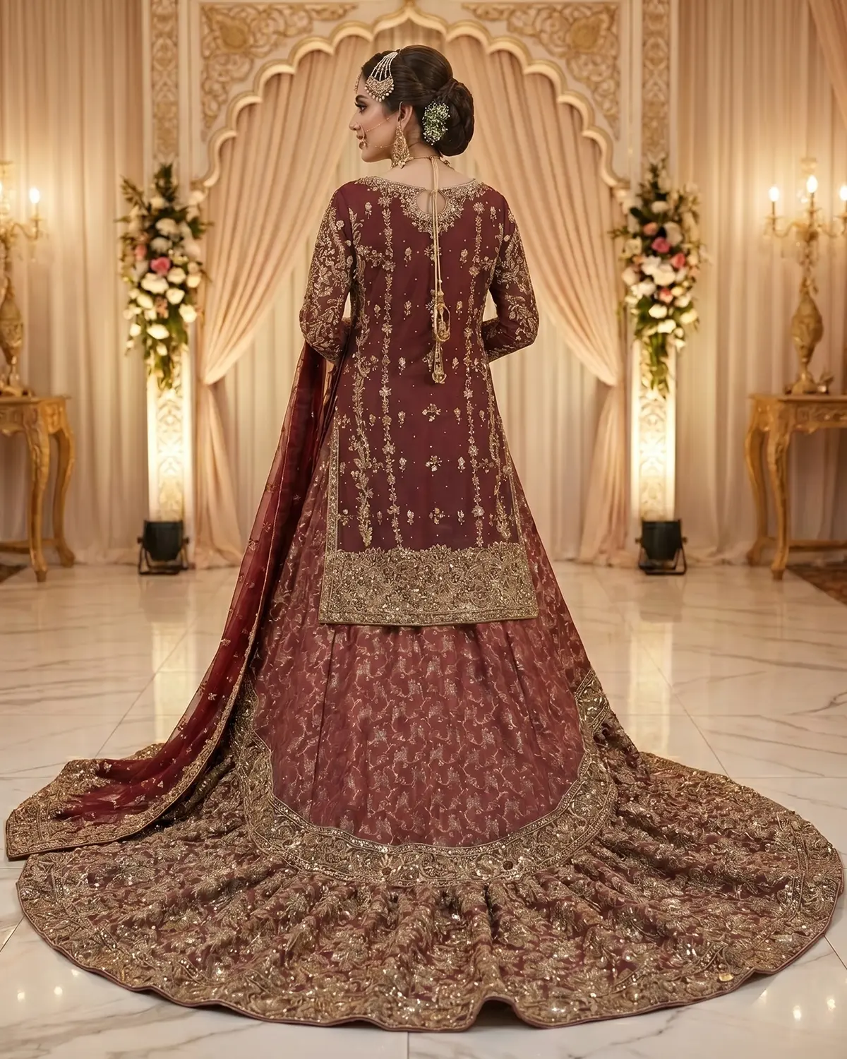 Premeium Tux Maroon Bridal Farshi Lehenga Shirt - Image 3