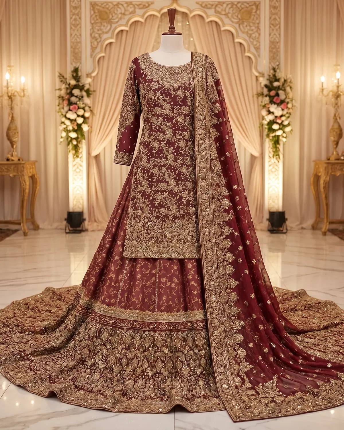 Premeium Tux Maroon Bridal Farshi Lehenga Shirt