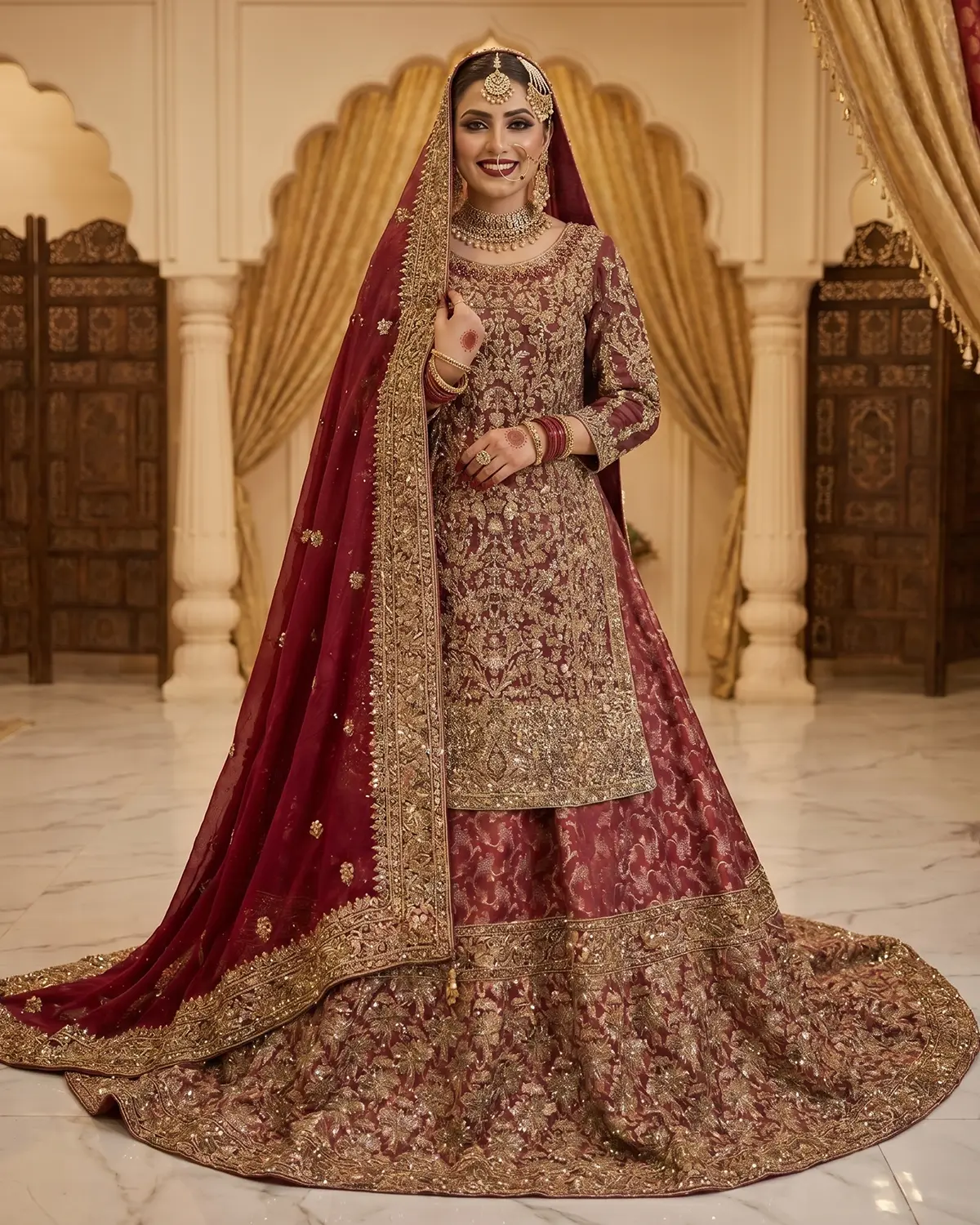 Premium Copper Golden Elegant Farshi Bridal Lehenga Shirt - Image 2