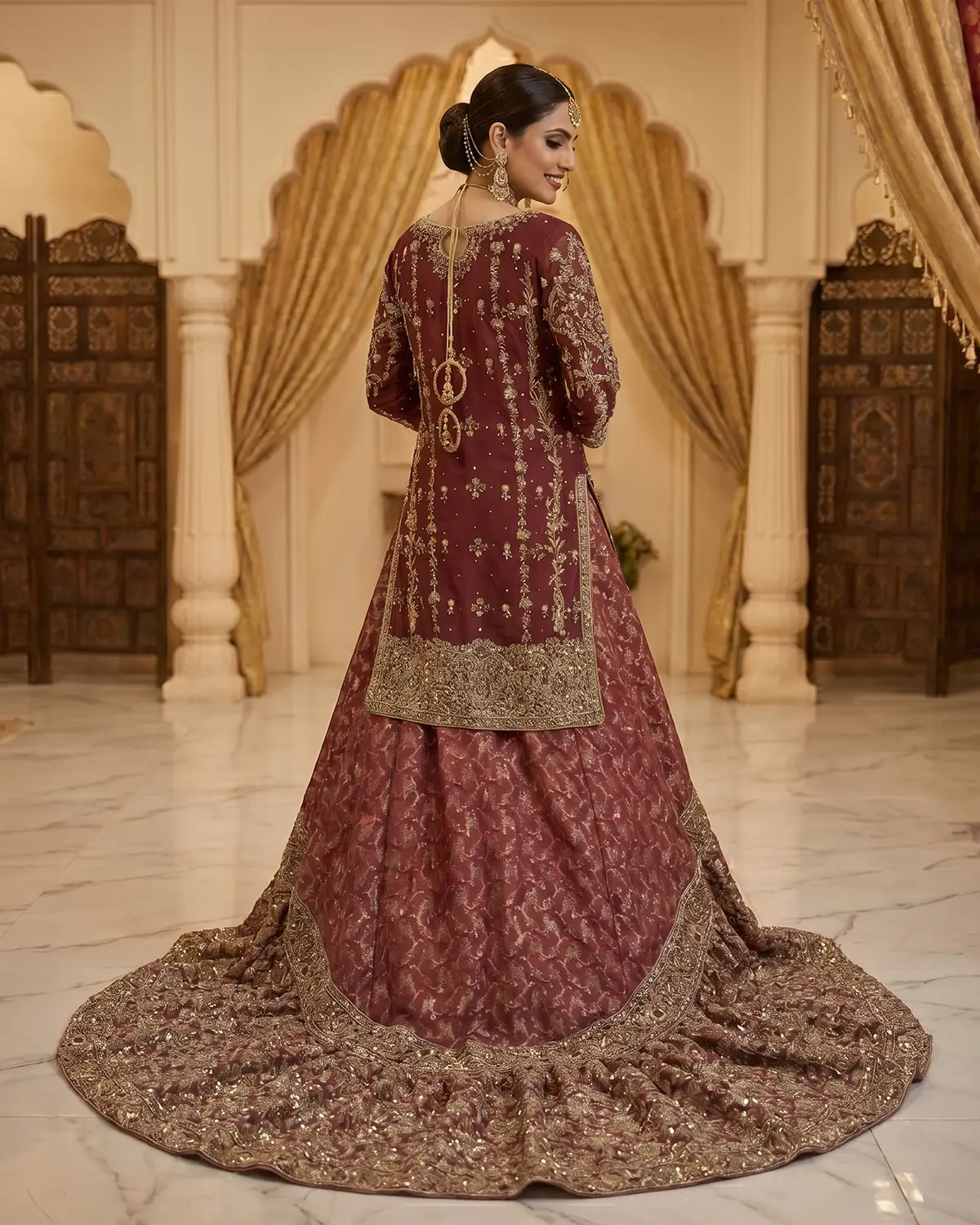 Premium Copper Golden Elegant Farshi Bridal Lehenga Shirt - Image 3