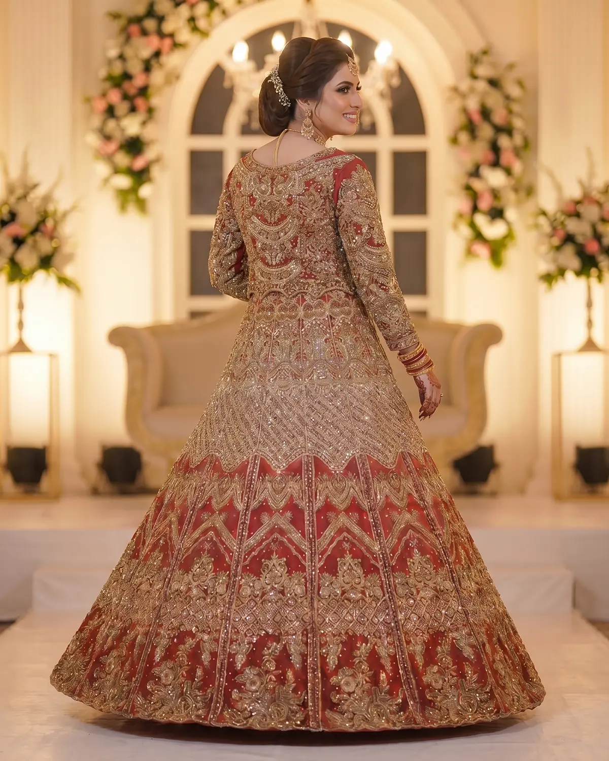 Premium Crimson Gold Pearl Tux Bridal Lehenga - Image 3