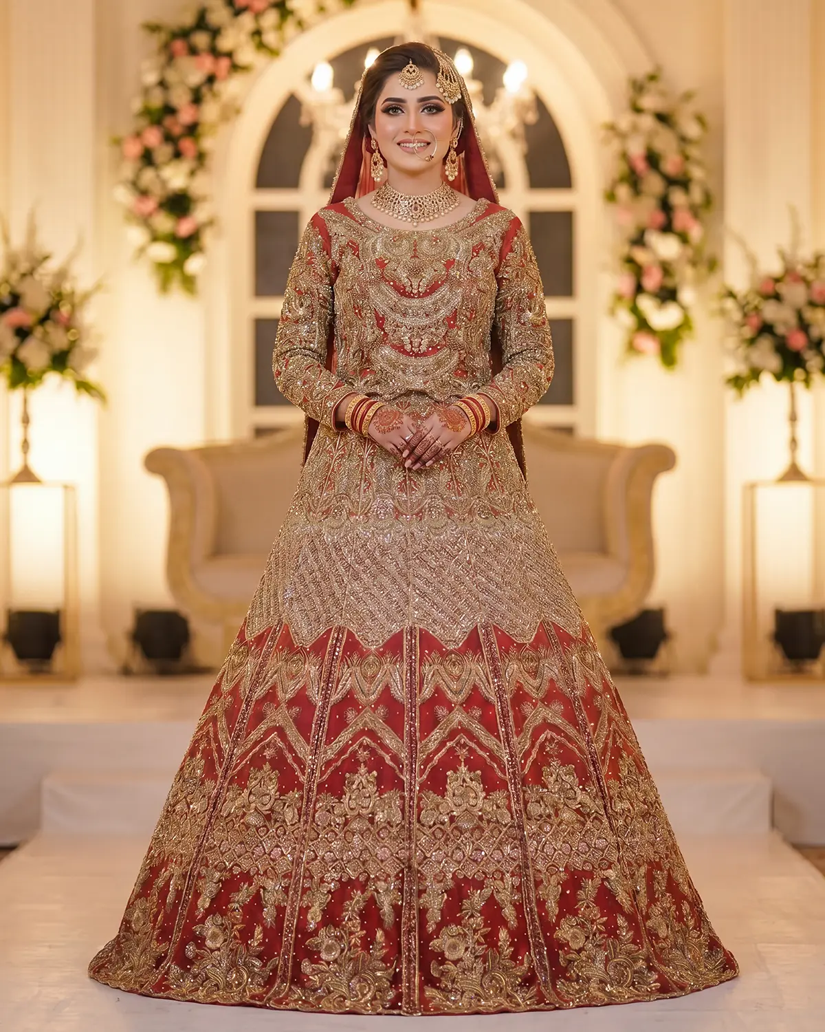 Premium Crimson Gold Pearl Tux Bridal Lehenga - Image 2