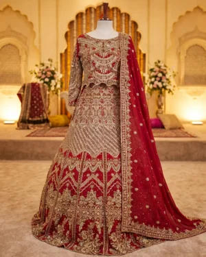 Premium Crimson Gold Pearl Tux Bridal Lehenga