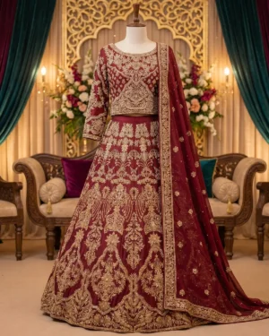 Premium Maroon Elara Zari Work Bridal Lehenga