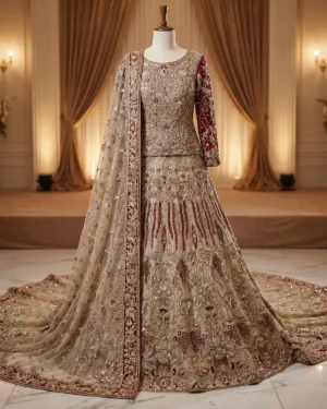 Luxury Flax Long Tail Detailed Work Bridal Lehenga