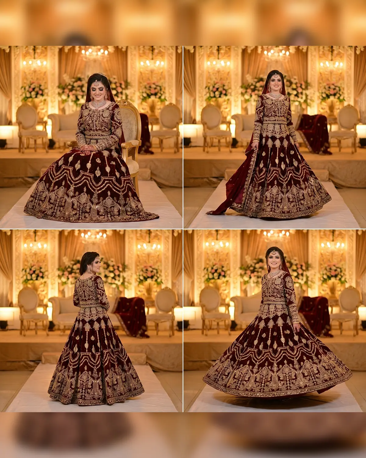 Deep Maroon Velvet Flare Golden Bridal Lehenga - Image 4