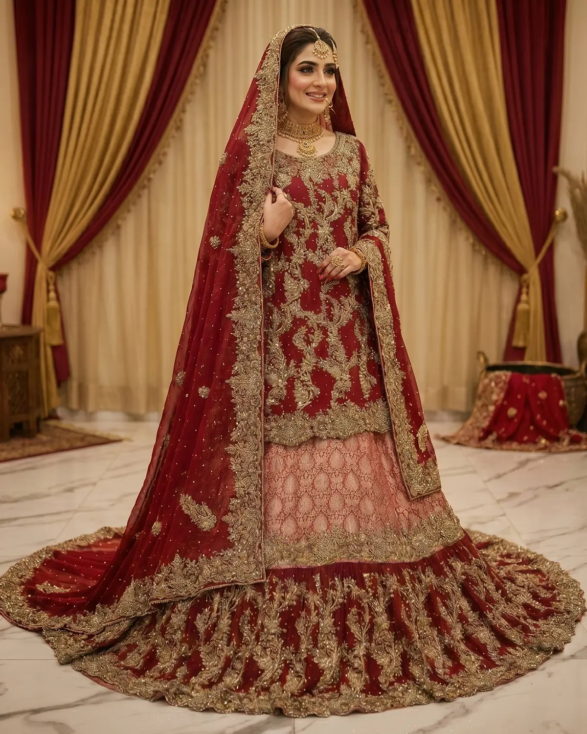 Prestige Crimson Red Signature Bridal Farshi Lehenga Shirt - Image 2