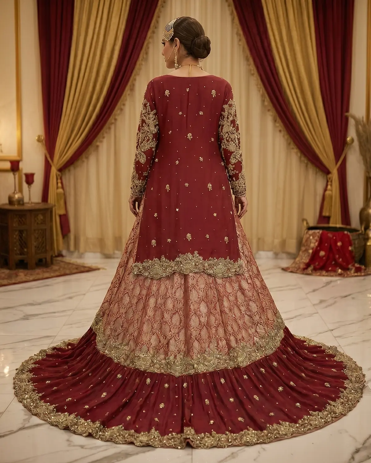 Prestige Crimson Red Signature Bridal Farshi Lehenga Shirt - Image 3