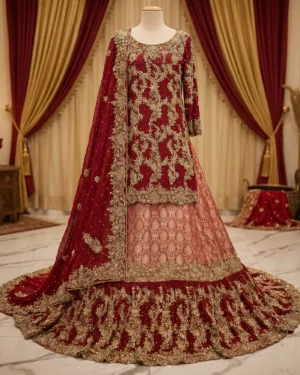 Prestige Crimson Red Signature Bridal Farshi Lehenga Shirt