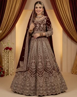 Queens Maroon Patterned Tux Velvet Bridal Lehenga Choli