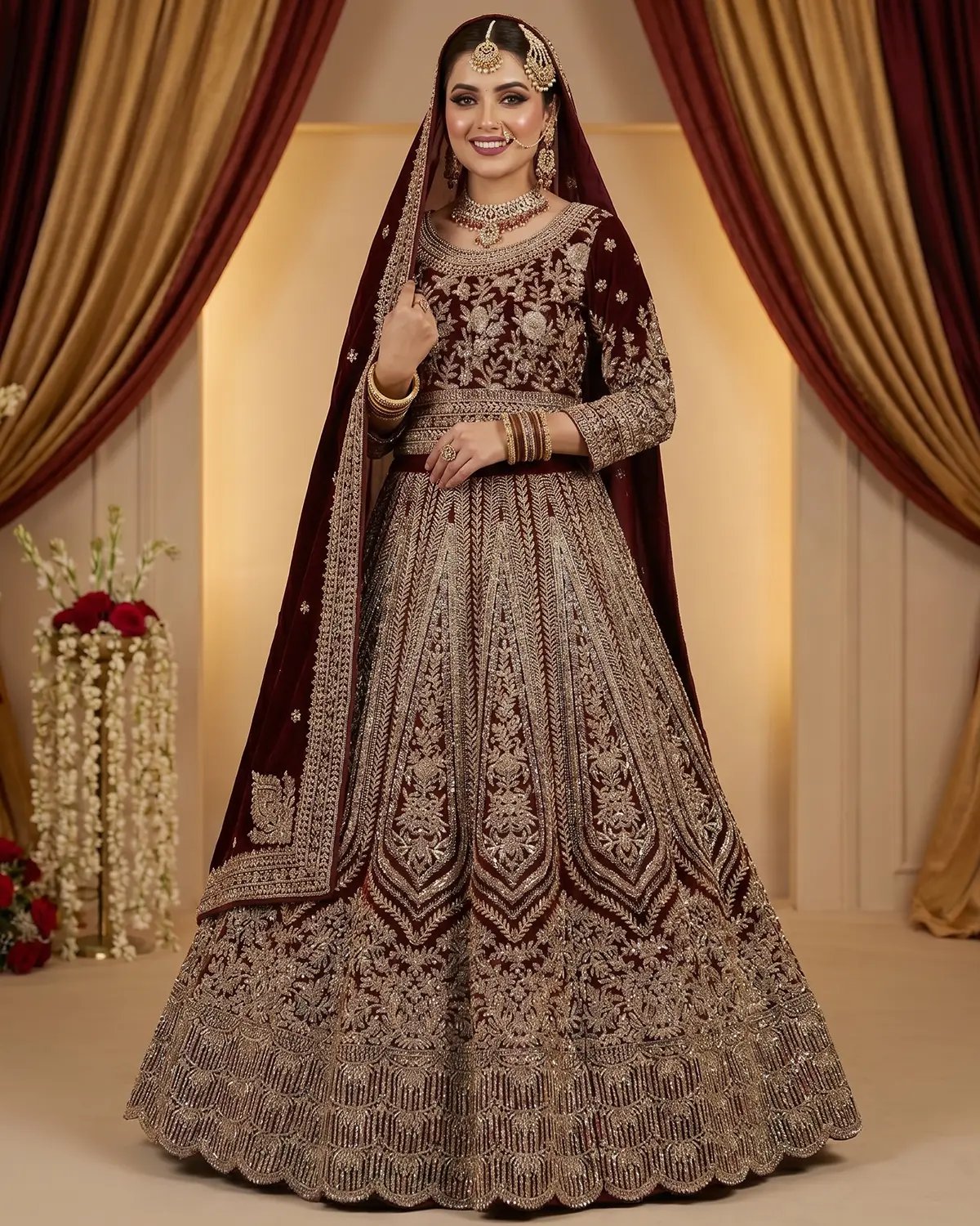 Queens Maroon Patterned Tux Velvet Bridal Lehenga Choli