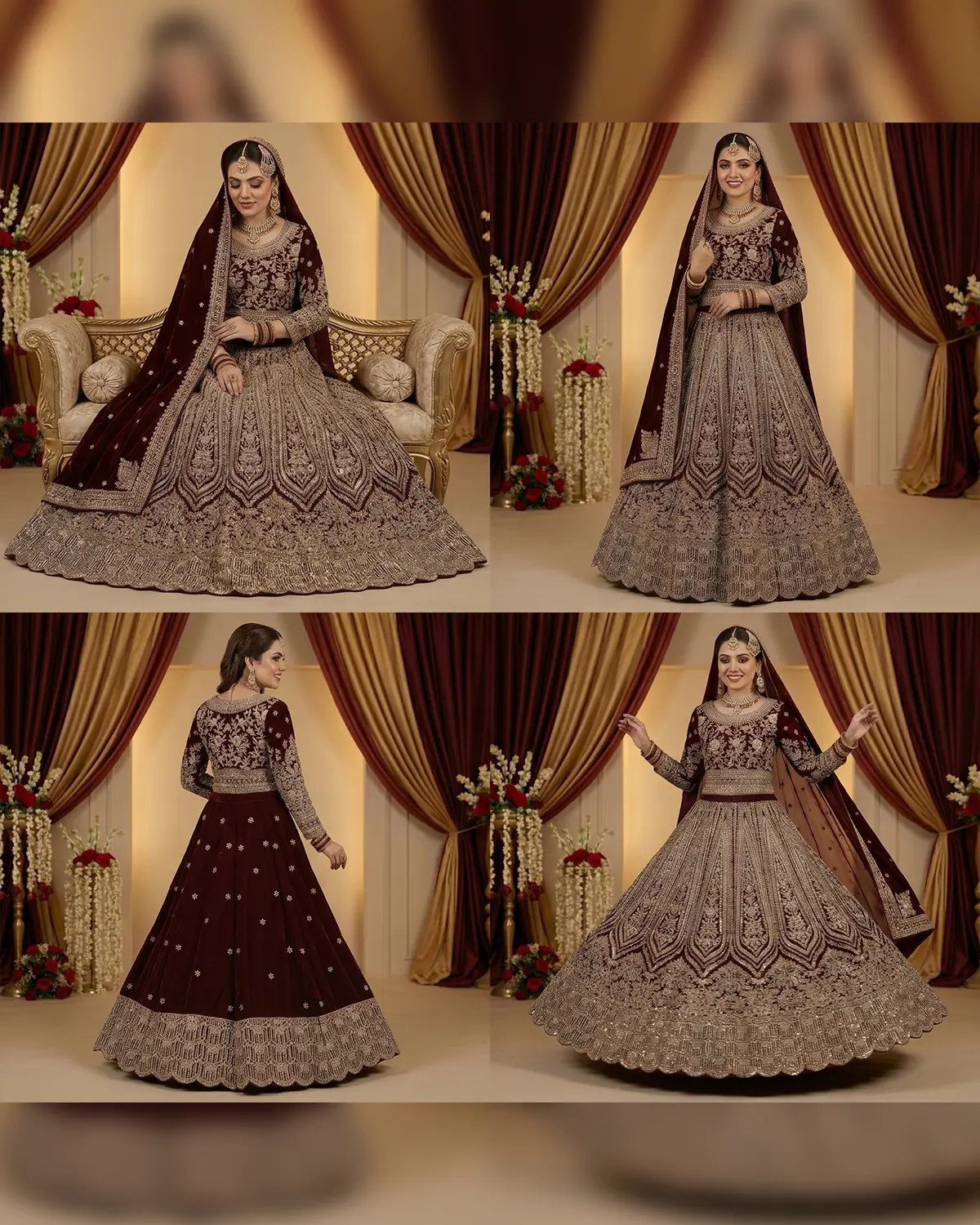 Queens Maroon Patterned Tux Velvet Bridal Lehenga Choli - Image 4