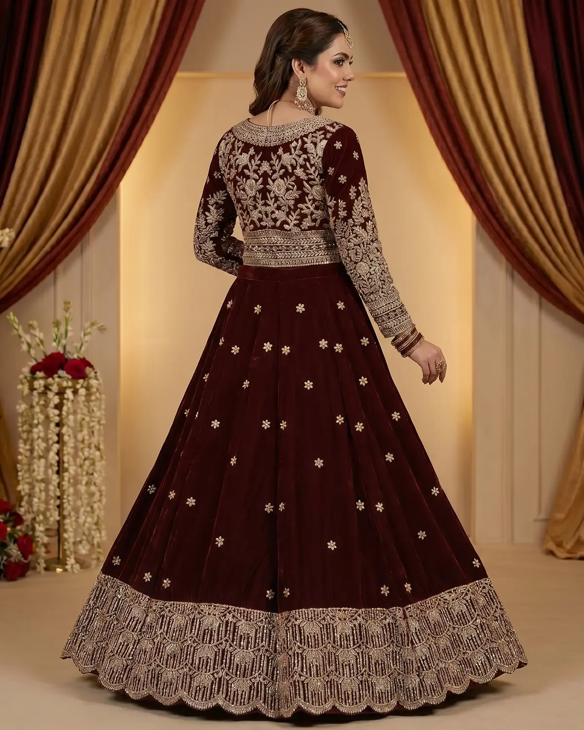 Queens Maroon Patterned Tux Velvet Bridal Lehenga Choli - Image 3
