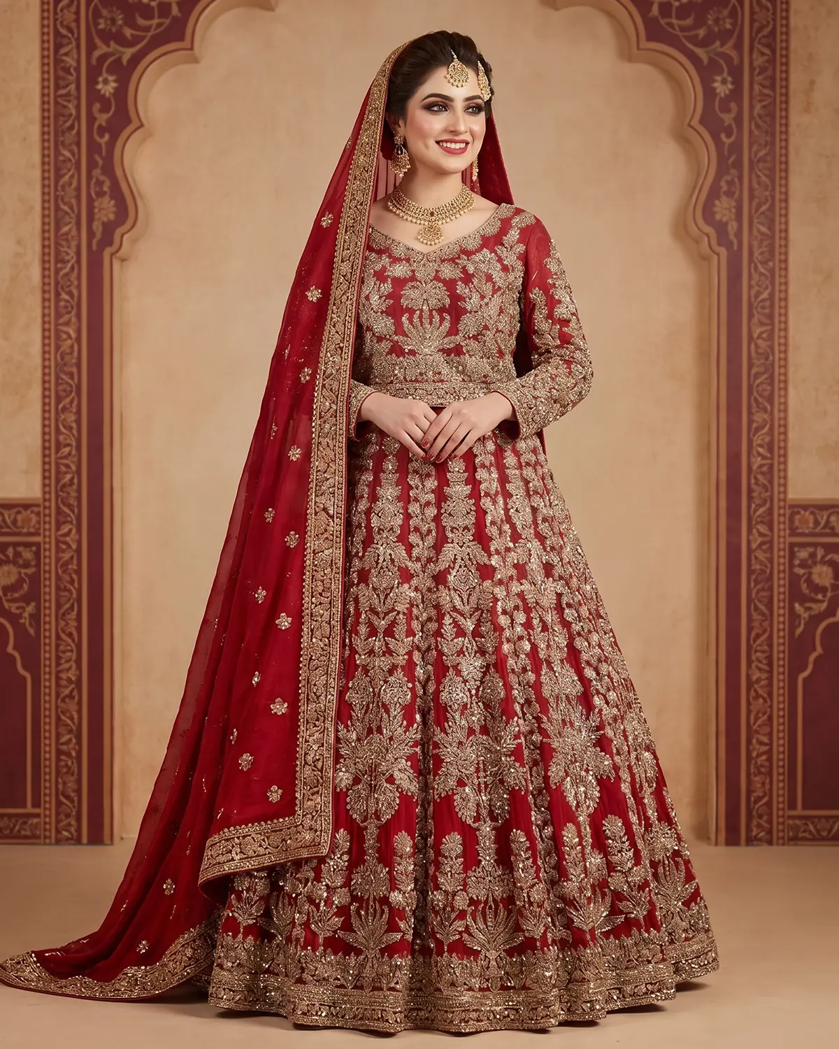 Red Crimson Meher Copper Embroidered Bridal Lehenga - Image 2
