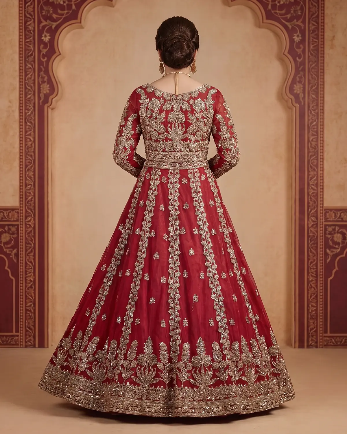 Red Crimson Meher Copper Embroidered Bridal Lehenga - Image 3