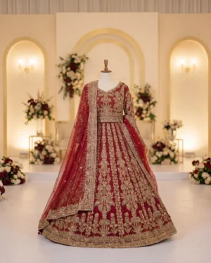 Red Crimson Meher Copper Embroidered Bridal Lehenga