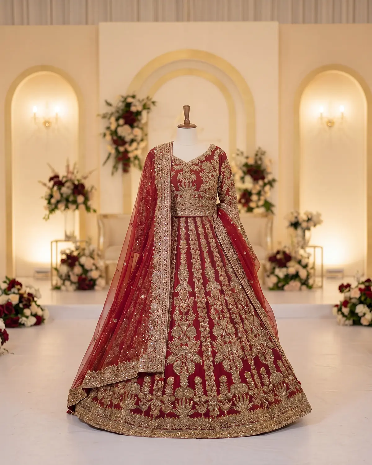Red Crimson Meher Copper Embroidered Bridal Lehenga