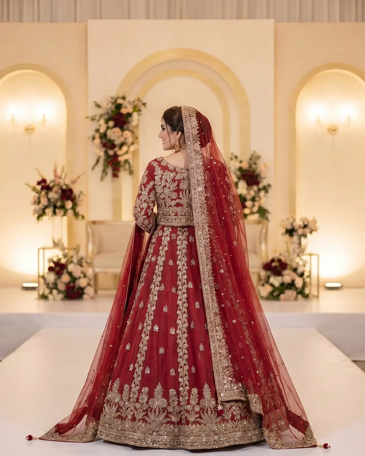 Red Crimson Meher Copper Embroidered Bridal Lehenga - Image 3