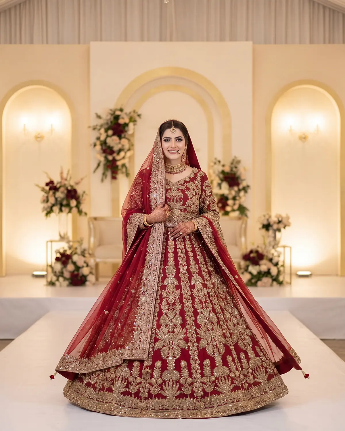 Red Crimson Meher Copper Embroidered Bridal Lehenga - Image 2