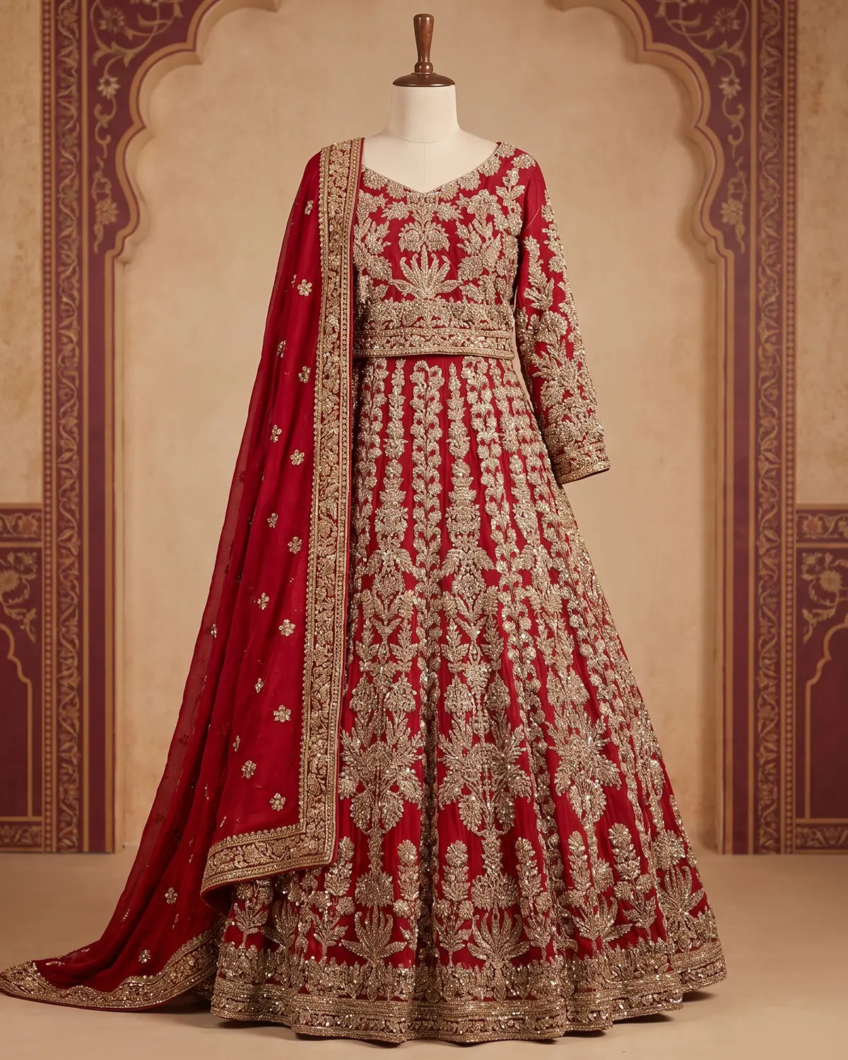 Red Crimson Meher Copper Embroidered Bridal Lehenga