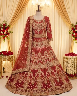 Red Golden Luxe Zari Work Bridal Lehenga