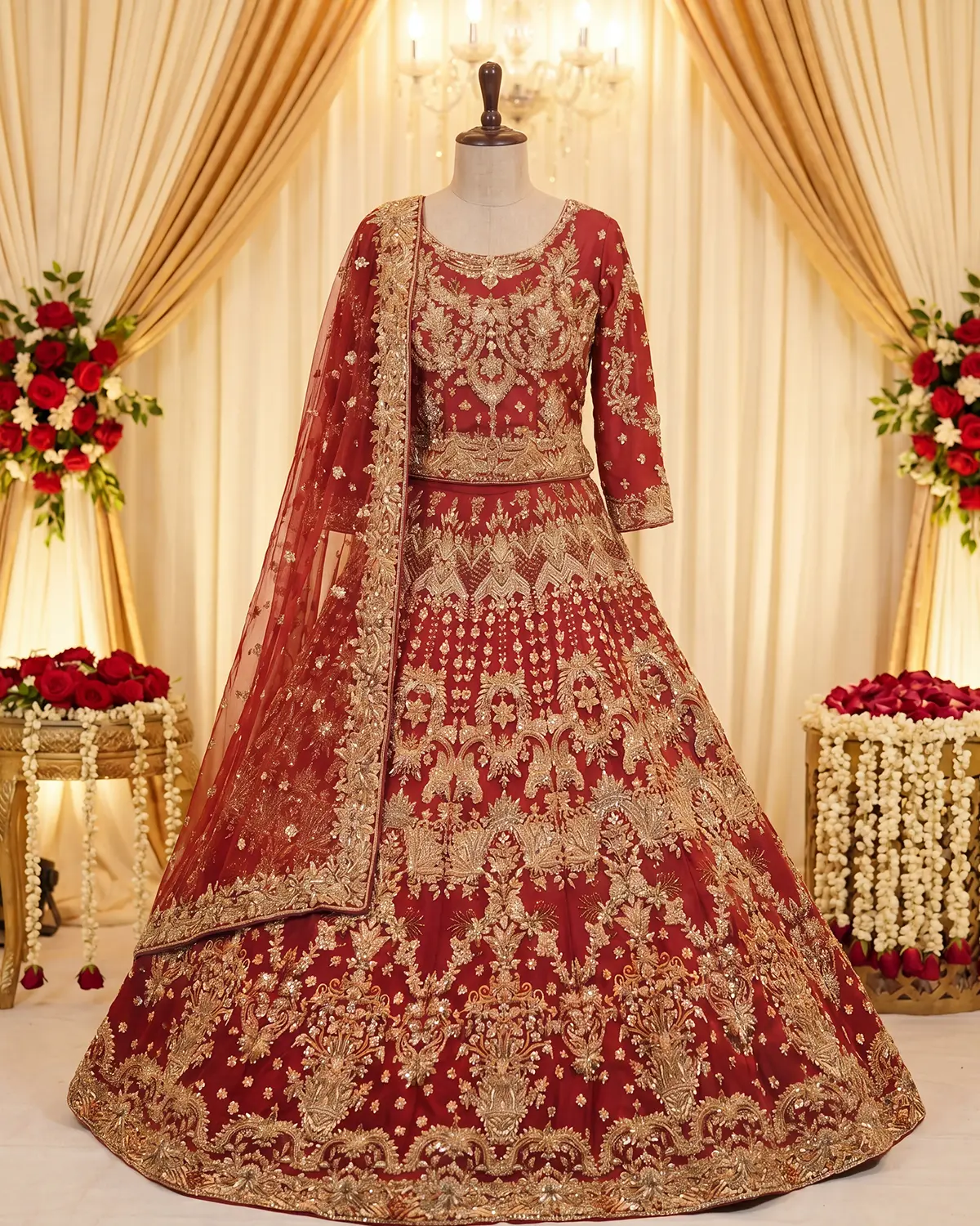 Red Golden Luxe Zari Work Bridal Lehenga