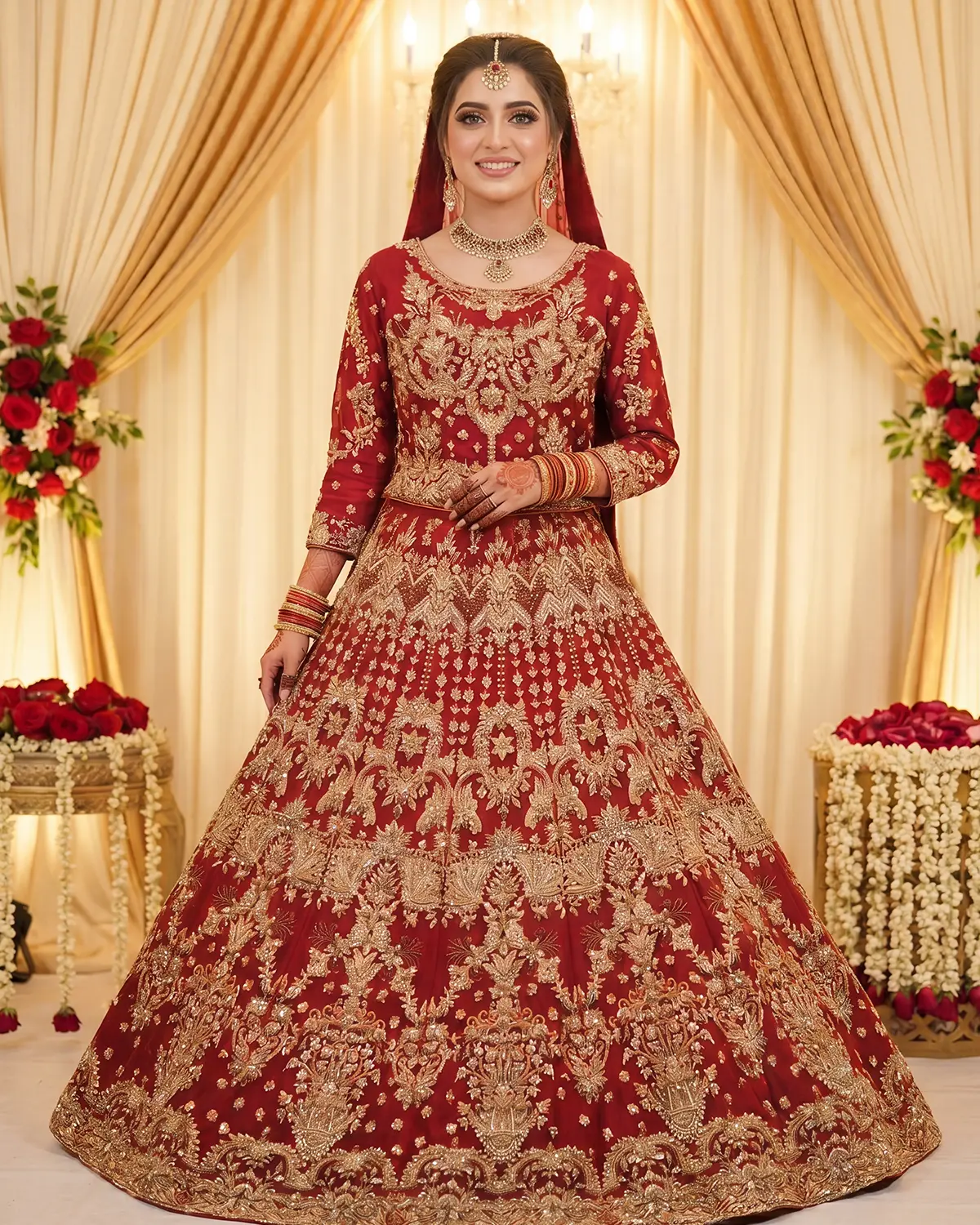 Red Golden Luxe Zari Work Bridal Lehenga - Image 2